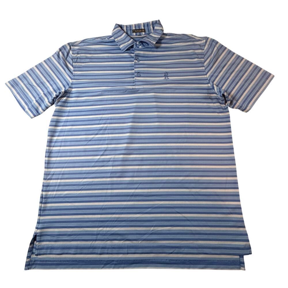 Peter Millar Summer Comfort Golf Polo Embroidered Logo Blue White Stripe Men L